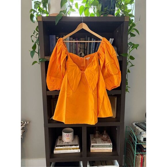 NWT For Love & Lemons Lucia Mini Dress Off the Shoulder Tie Front Orange Small - Picture 4 of 11